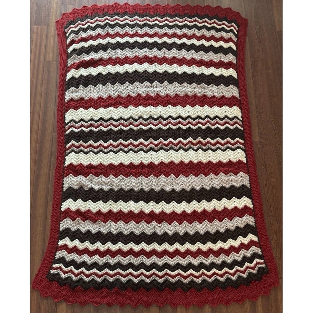 Vintage Handmade Crochet Afghan Chevron Ripple Throw Blanket 72x44 Burgundy